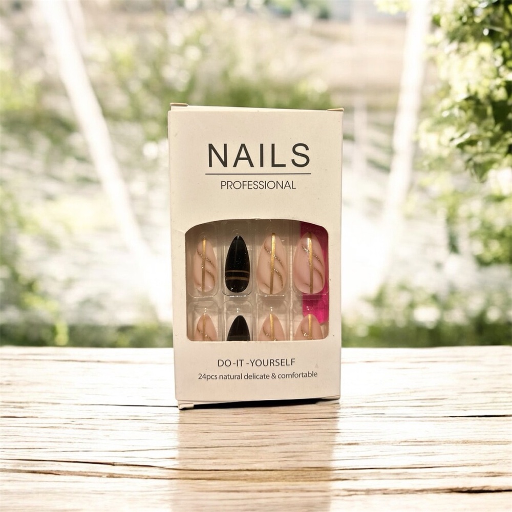 5️⃣Press On Nails Set | Black, Pink & Gold Design Or 5 For 25